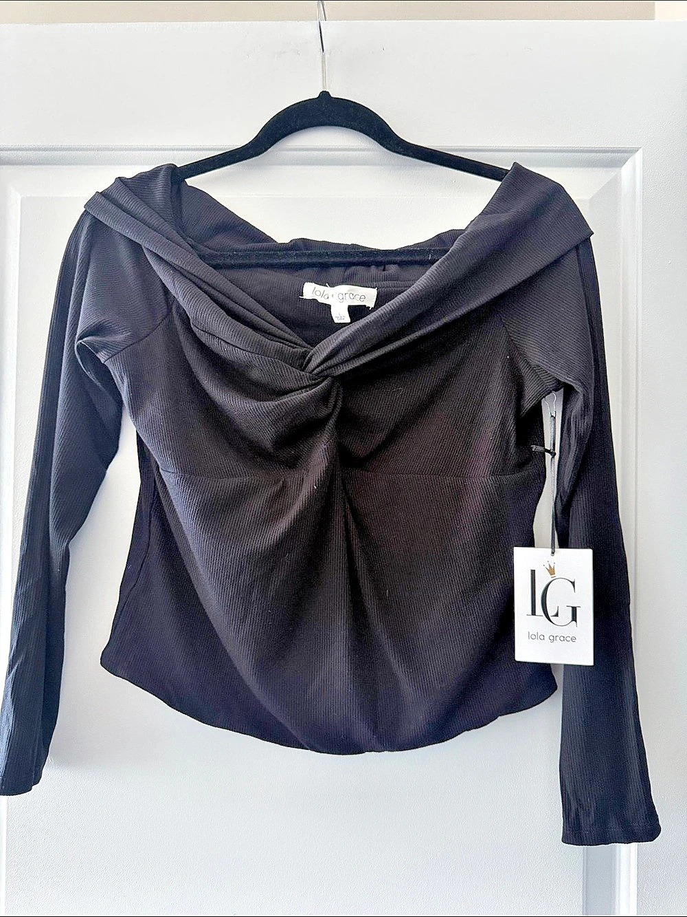 lola grace Black Draped Long Sleeve Top NWT